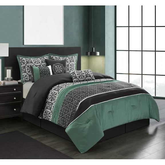 Lanco Damask Comforter Set, King, Green, 7-Pieces, Fill Polyester, Geometric