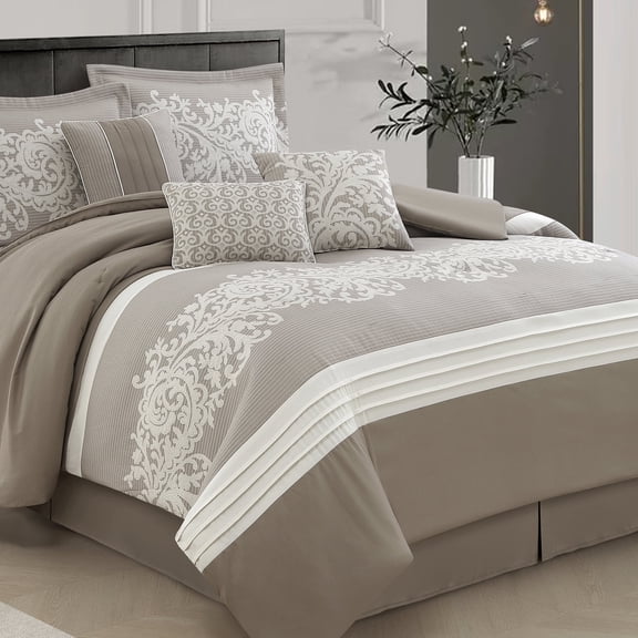 Lanco Damask Soft Ivory/Beige 7-Piece Comforter Set, King, Fill Polyester, Jacquard