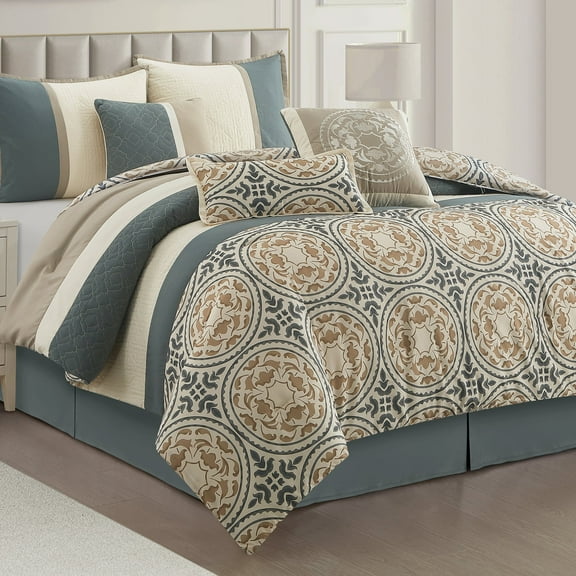 Lanco Damask Striped 7-Piece Comforter Set, Grey/Beige/Green, California King, Soft & Breathable, Medallion