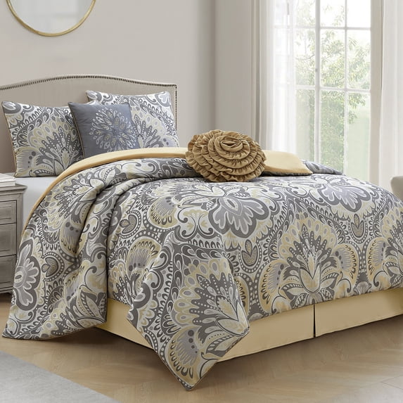 Lanco Diane Elegant 6-Piece Reversible Comforter Bedding Set, Bed Size California King, Grey Yellow, Fill Polyester