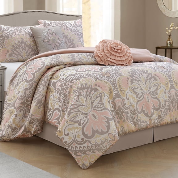 Lanco Diane Elegant Floral 6-Piece Reversible Comforter Set, King, Blush, 100% Polyester Fill