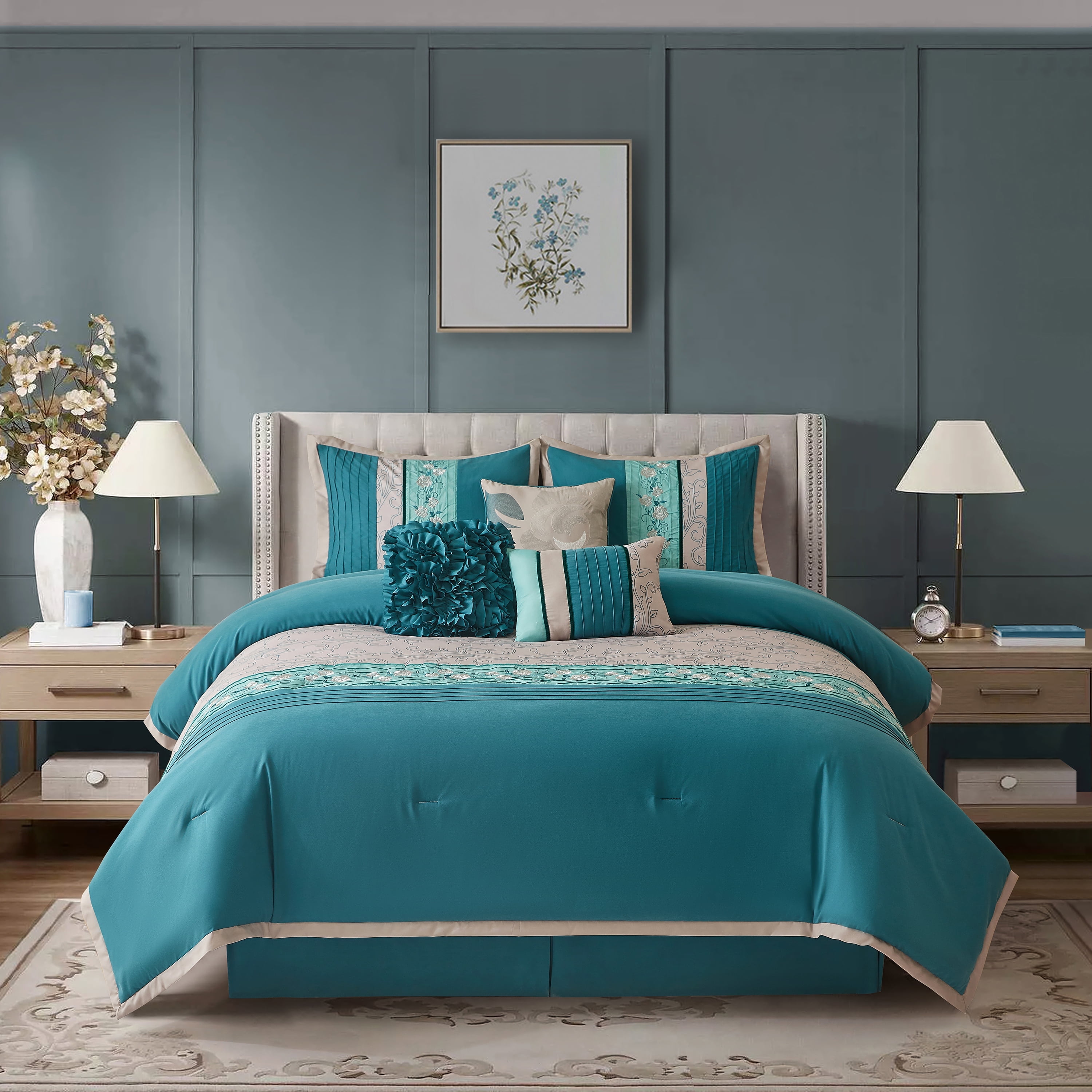 Teal and Gray Microfiber Queen Floral Comforter Set