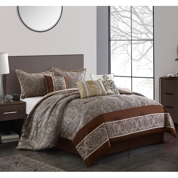 Lanco Dustin Paisley 7-Piece Comforter Set, Brown, Queen, Fill Polyester, Damask