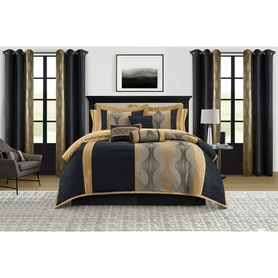 Lanco Elegant Black and Gold Comforter Set, 15 Piece Room-in-A-Bag, Queen Size , Striped ,Bedding Set, All Season, Matching Decorative Pillows, Pillow Sham , Curtains