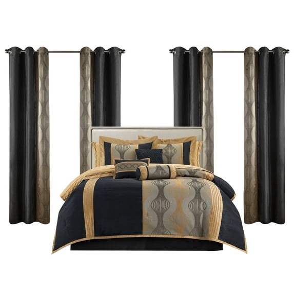 Lanco Elegant Black and Gold Comforter Set King Size , Striped ,15 Piece Room-in-A-Bag , Jacquard Bedding Set, All Season, Matching Decorative Pillows, Pillow Sham , Curtains