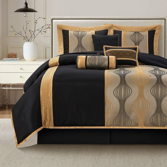 Lanco Elegant Black and Gold Comforter Set King Size, Striped, 7 Pieces Jacquard Bedding Sets All Season with Comforter, Bed Skirt, Pillows & Shams, Lightweight Microfiber