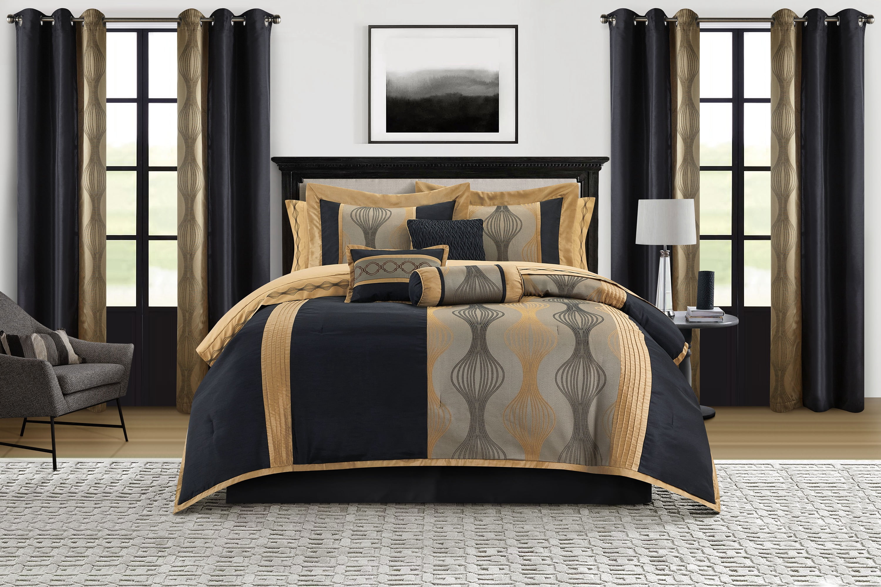 Lanco Elegant Black and Gold Comforter Set Queen Size , Striped ,15