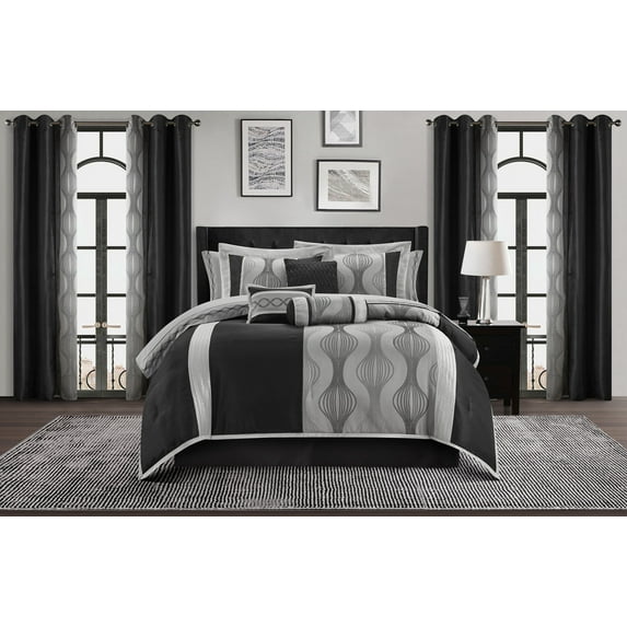 Lanco Elegant Black and Silver Comforter Set, 15 Piece Room-in-A-Bag, Califirnia King Size , Striped, Jacquard Bedding Set, All Season, Matching Decorative Pillows, Pillow Sham , Curtains