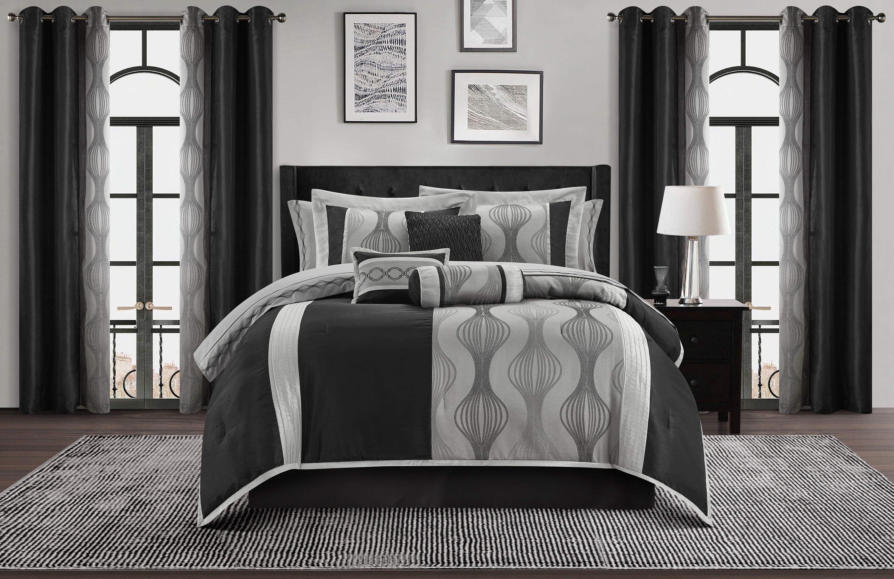 Lanco Elegant Black and Silver Comforter Set King Size , Striped ,15