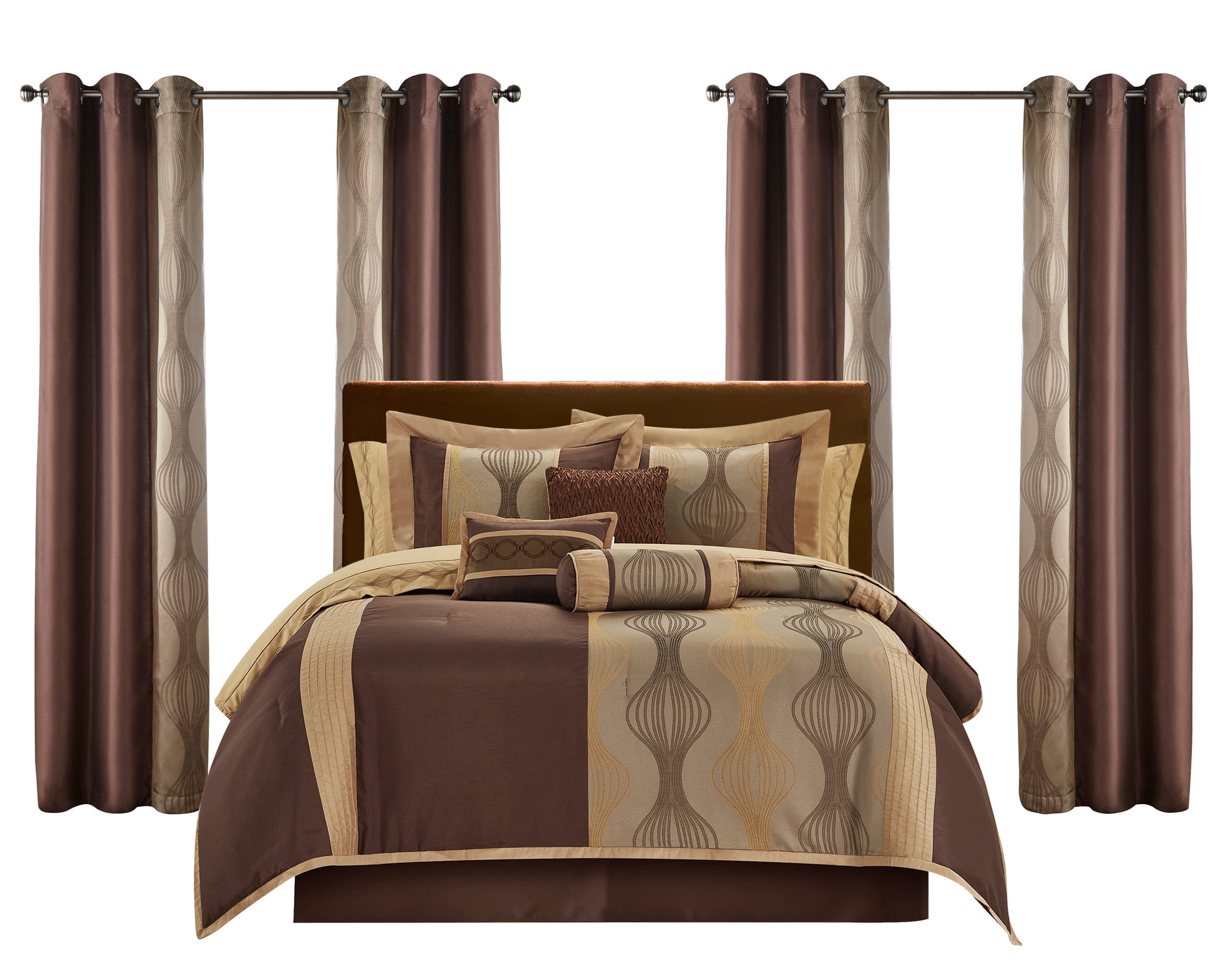 Lanco Elegant 15-Piece Queen Comforter Set, Brown Striped, All Season