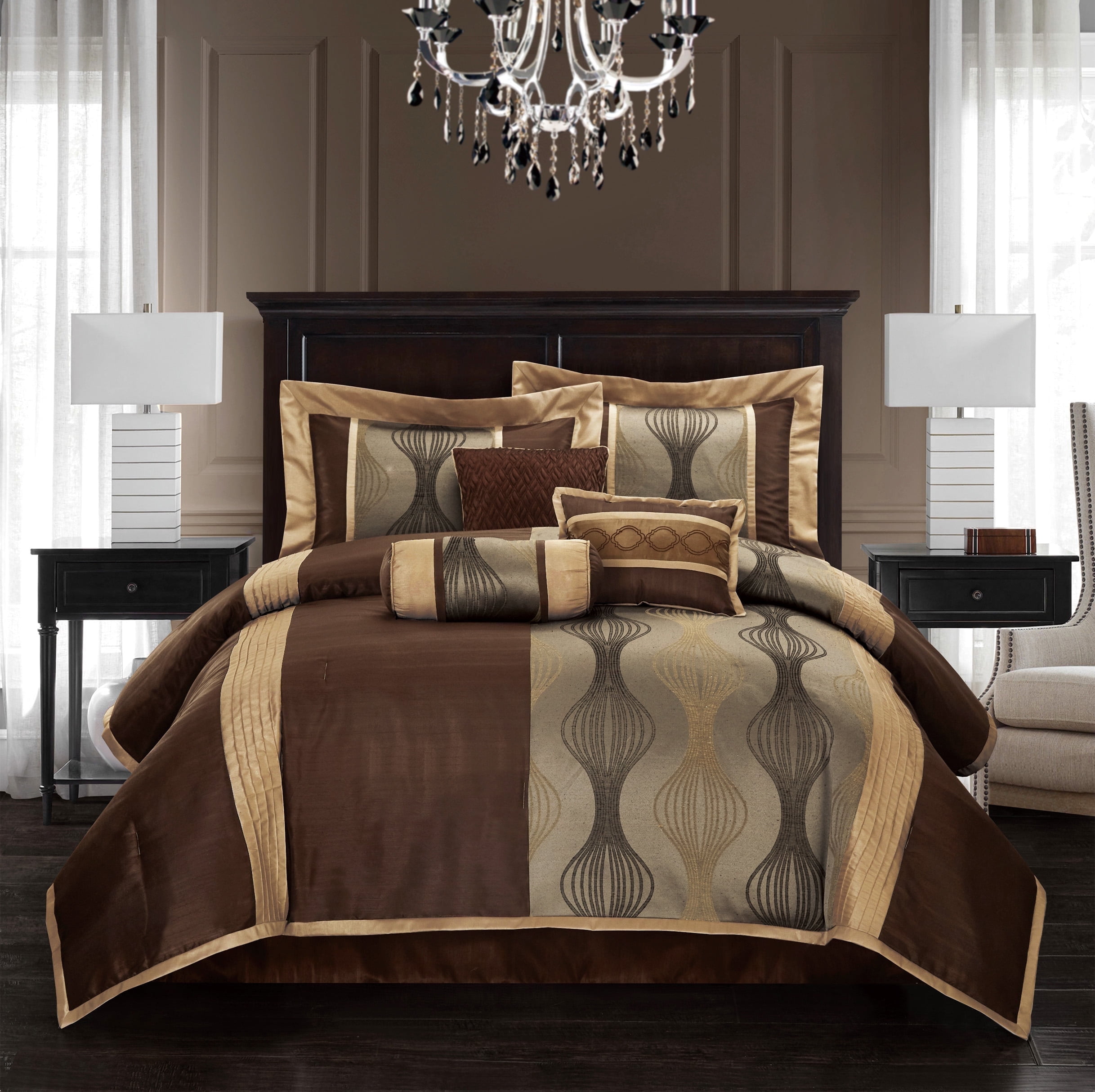 King Dark Brown and Gold Microfiber 7-Piece Comforter Set