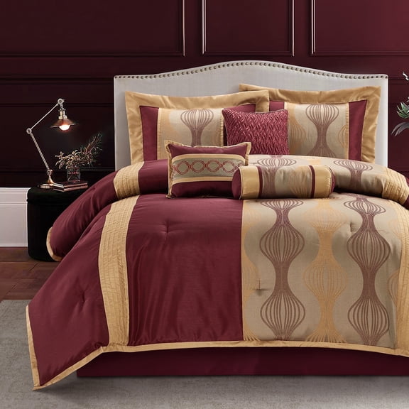 Lanco Elegant Wine Gold 7 Pieces Lightweight Microfiber Bed-in-a-Bag Comforter Bedding Set All Season, Striped, Jacquard Queen Comforter Set, All Season Bedroom Home Décor