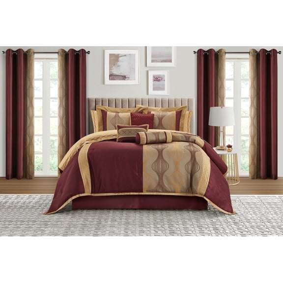 Lanco Elegant Wine Gold Comforter Set,15 Piece Room-in-A-Bag, Queen Size , Striped, Jacquard Bedding Set, All Season, Matching Decorative Pillows, Pillow Sham , Curtains