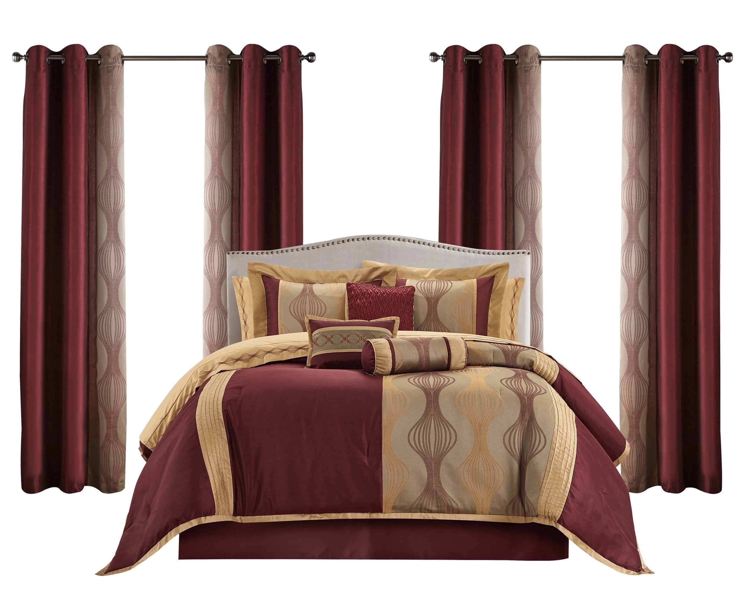 Lanco Elegant Wine Gold Comforter Set King Size , Striped ,15 Piece ...