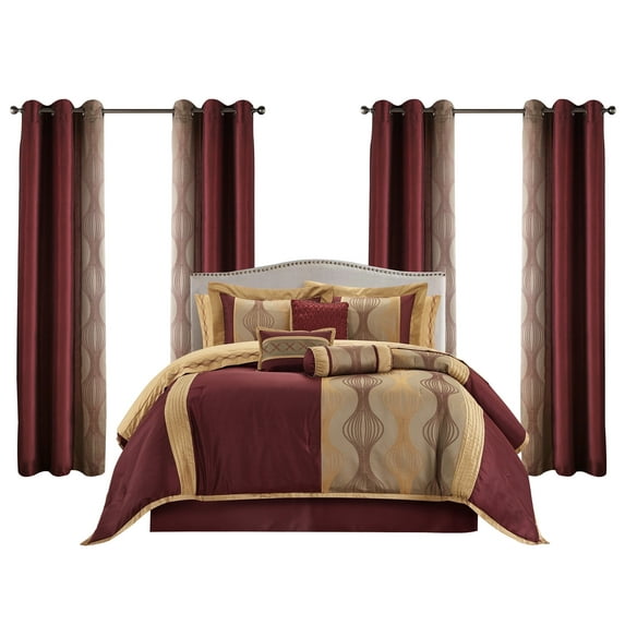 Lanco Elegant Wine Gold Comforter Set King Size , Striped ,15 Piece Room-in-A-Bag , Jacquard Bedding Set, All Season, Matching Decorative Pillows, Pillow Sham , Curtains
