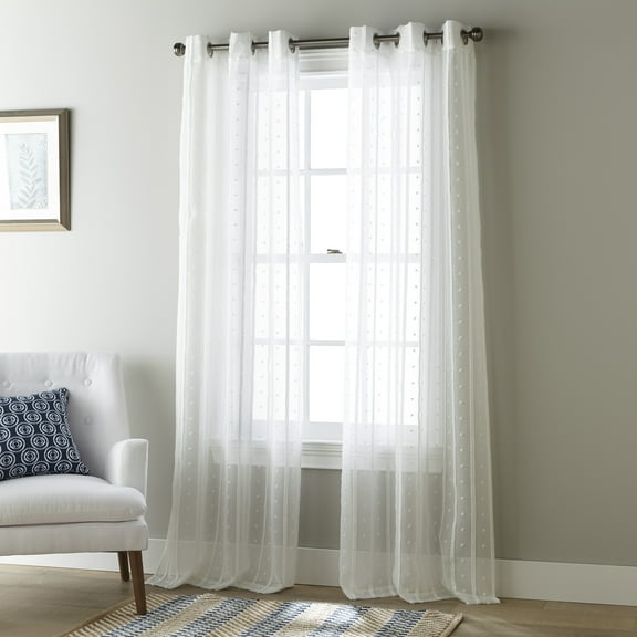 Lanco Elenor Stripe and Dot Semi-Sheer, Set of 2 Curtain Panel Pair, Grommet, White, 2" Header Size, Semi-Sheer, 37 x 84", 100% Polyester