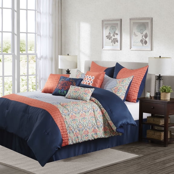 Lanco Emme Damask 10-Piece Comforter Set, Coral, Queen, 100% Polyester
