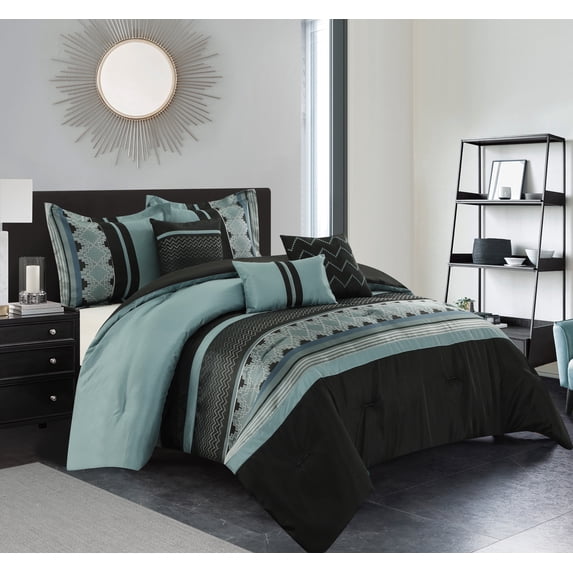 Lanco Evander Striped 6 Piece Comforter Set Black/Blue, Bed Size Queen, 100% Polyester Fill