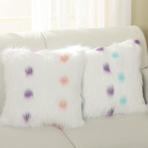 Lanco Faux Fur Fluffy Throw Pillow Covers, Soft Shaggy Plush, Decorative, (Set of 2), Dot, 16 x 16"