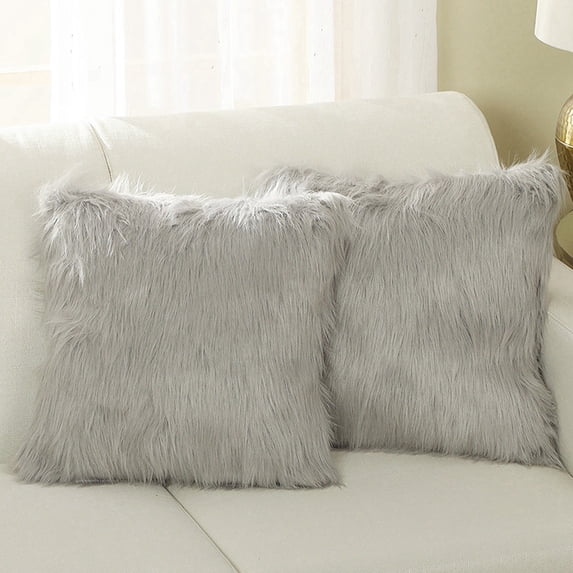 Lanco Faux Fur Fluffy Throw Pillow Covers, Soft Shaggy Plush, Decorative, (Set of 2), Grey, 16 x 16"