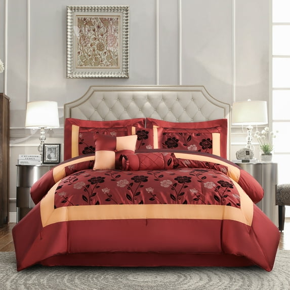 Lanco Floral 7 Piece Wine Gold Comforter Set , King Size , Flocking Girls Bedding , All Season Bedding Set Cozy Home Decor