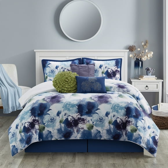 Lanco Floral Blue 7 Piece Comforter Set Blue/Purple, Bed Size King, Fill Polyester
