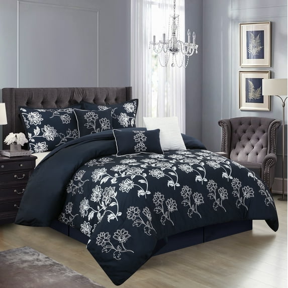 Lanco Floral Embroidery 7 Piece Comforter Set, Navy, King, Floral, 100% Polyester & Fill, Embroidery