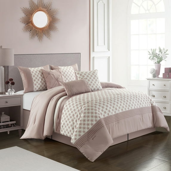 Lanco Floral Geometric 7-Piece Reversible Comforter Set, Queen, Blush, Fill Polyester