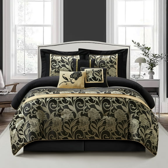Lanco Floral Polyester Comforter Set, Queen, Black, 7-Pieces