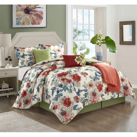 Lanco Floral Polyester Reversible Comforter Sets, California King, Off-White, 7-Pieces