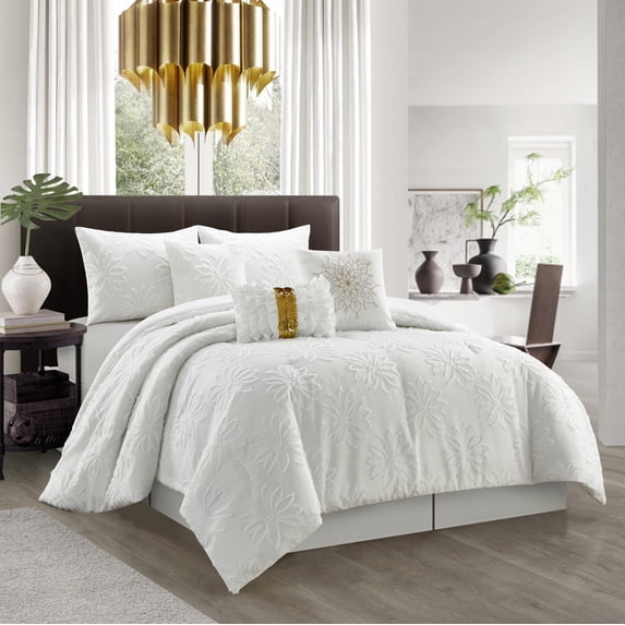 Lanco Floral Shabby Chic 7 Piece Comforter Set White, Bed Size California King, Fill Material Polyester