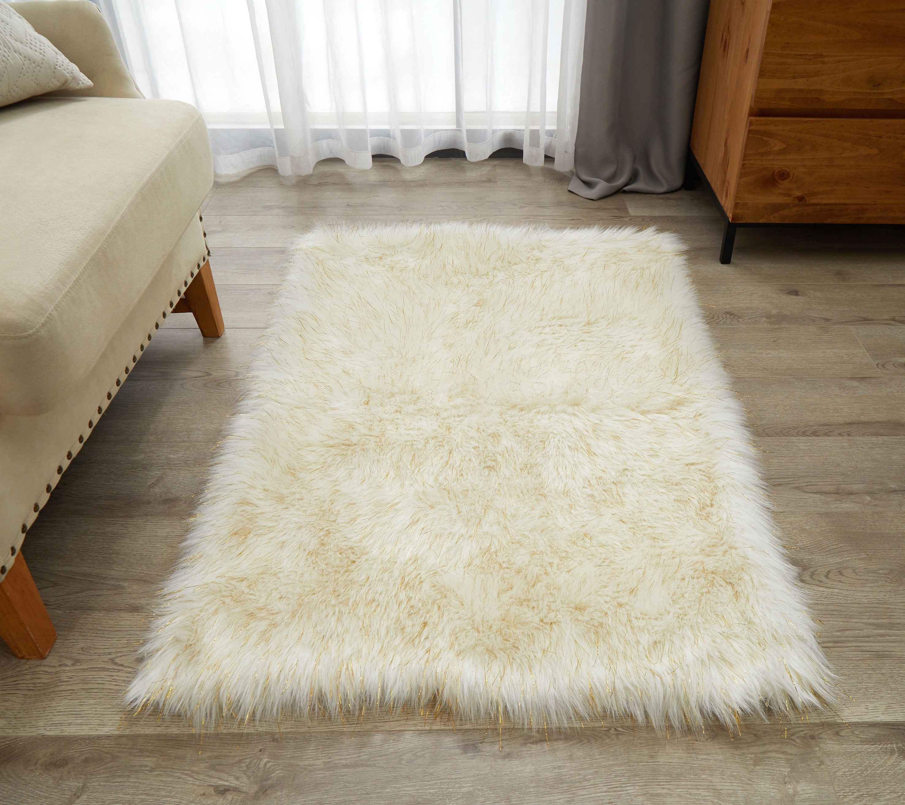 Lanco Fluffy Sheepskin Faux Fur Shag Area Rug, Gold, 30x46