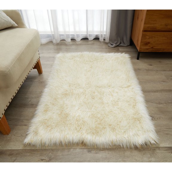 Lanco Fluffy Sheepskin Faux Fur Shag Area Rug, Gold, 30x46