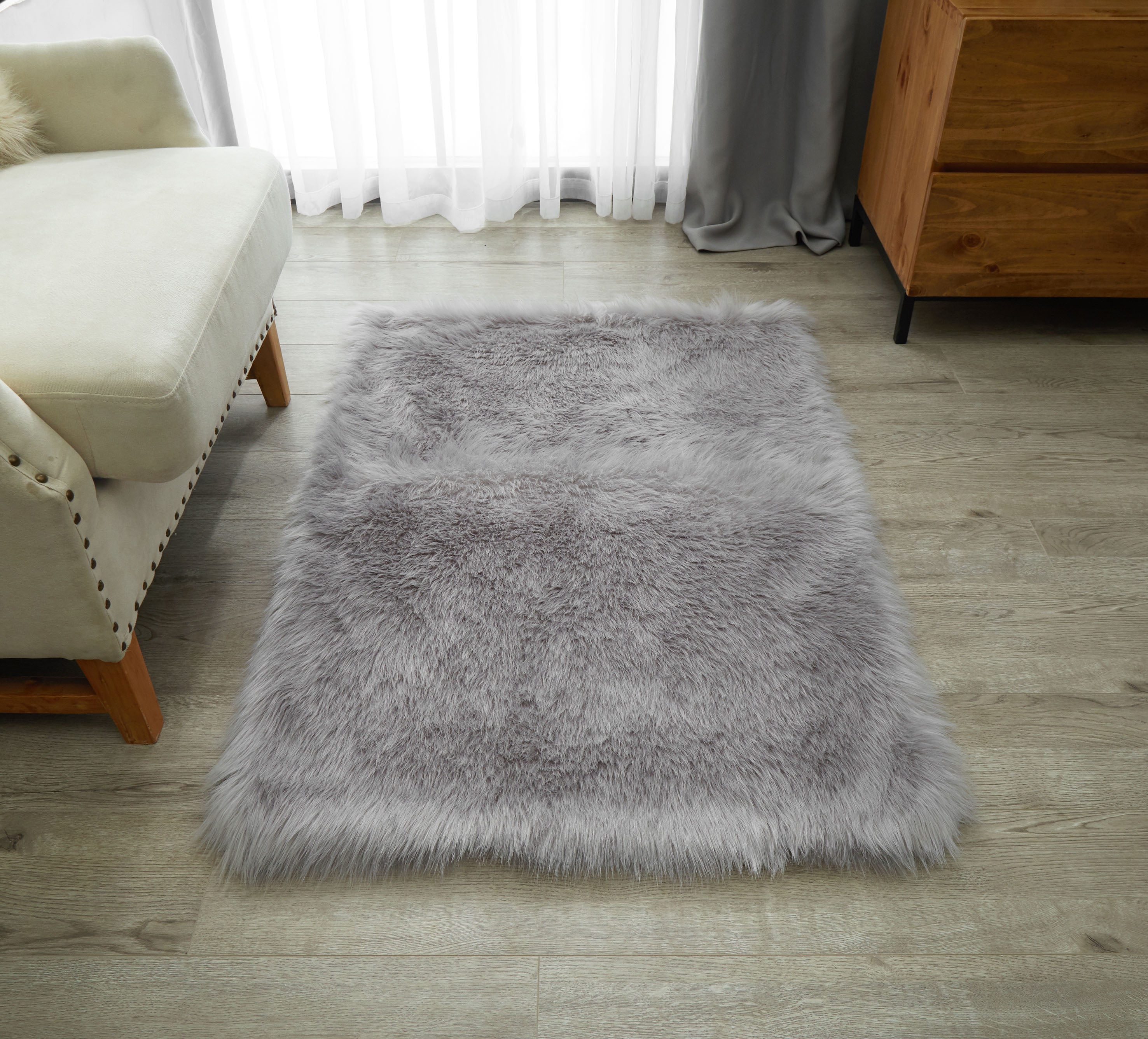 Lanco Fluffy Sheepskin Faux Fur Shag Area Rug, Grey, 30x46