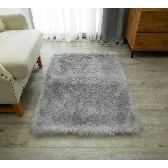 Lanco Fluffy Sheepskin Faux Fur Shag Area Rug, Grey, 30x46