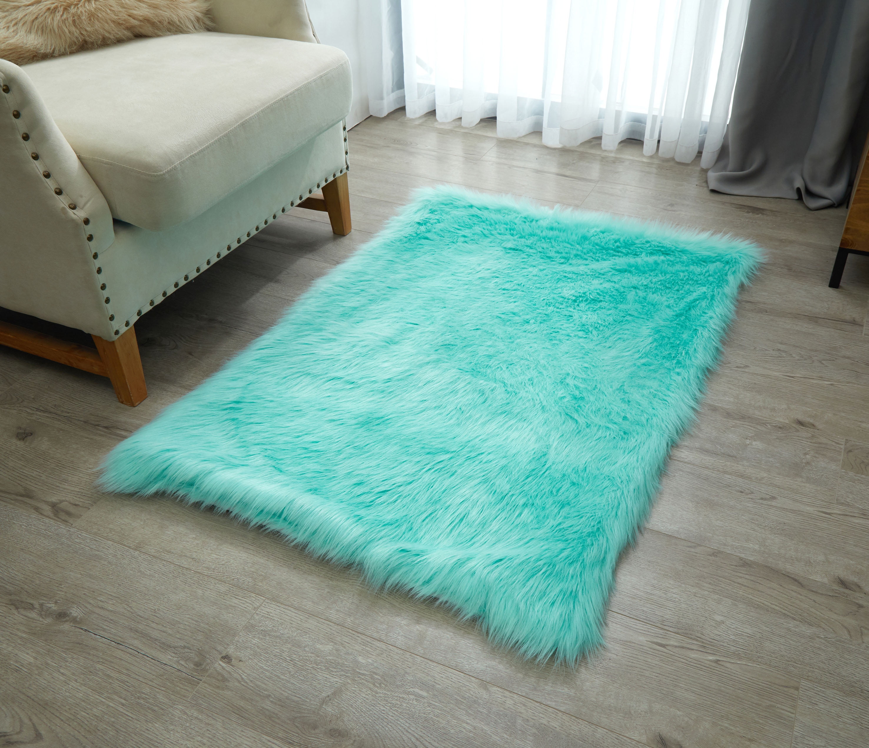 Lanco Fluffy Sheepskin Faux Fur Shag Area Rug, Mint, 30x46