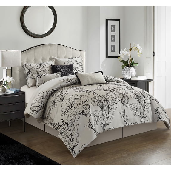 Lanco Garden Floral Print 7 Piece Comforter Sets, King with Shams, Bed Skirt, Decorative Pillows