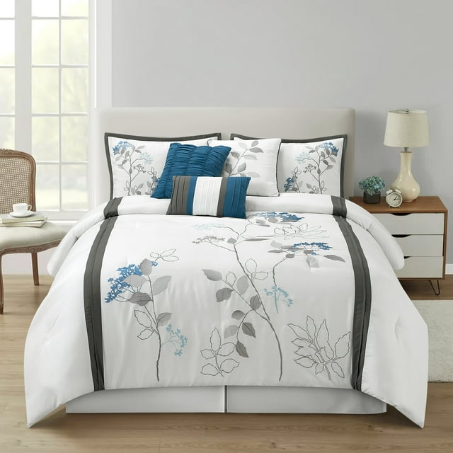 Lanco Genesis Floral 7 Piece Comforter Bedding Set, White/Grey/ Blue ...