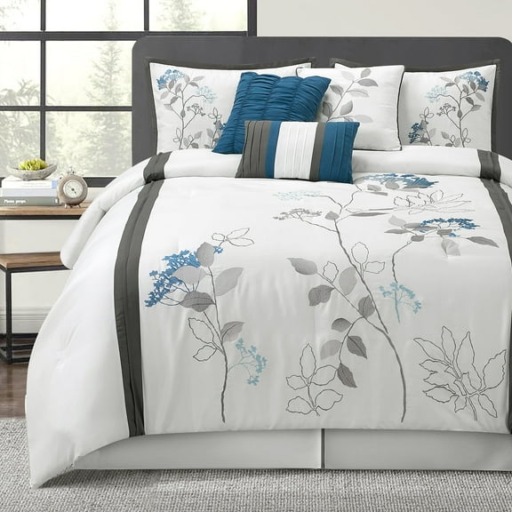 LANCO White California King Comforter Set, 7 Pieces Bed in a Bag, Elegant Floral Leaves Embroidery, Soft and Lightweight All Seasons Bedding Set, Bedskirt, Pillow Shams, Decor Pillows