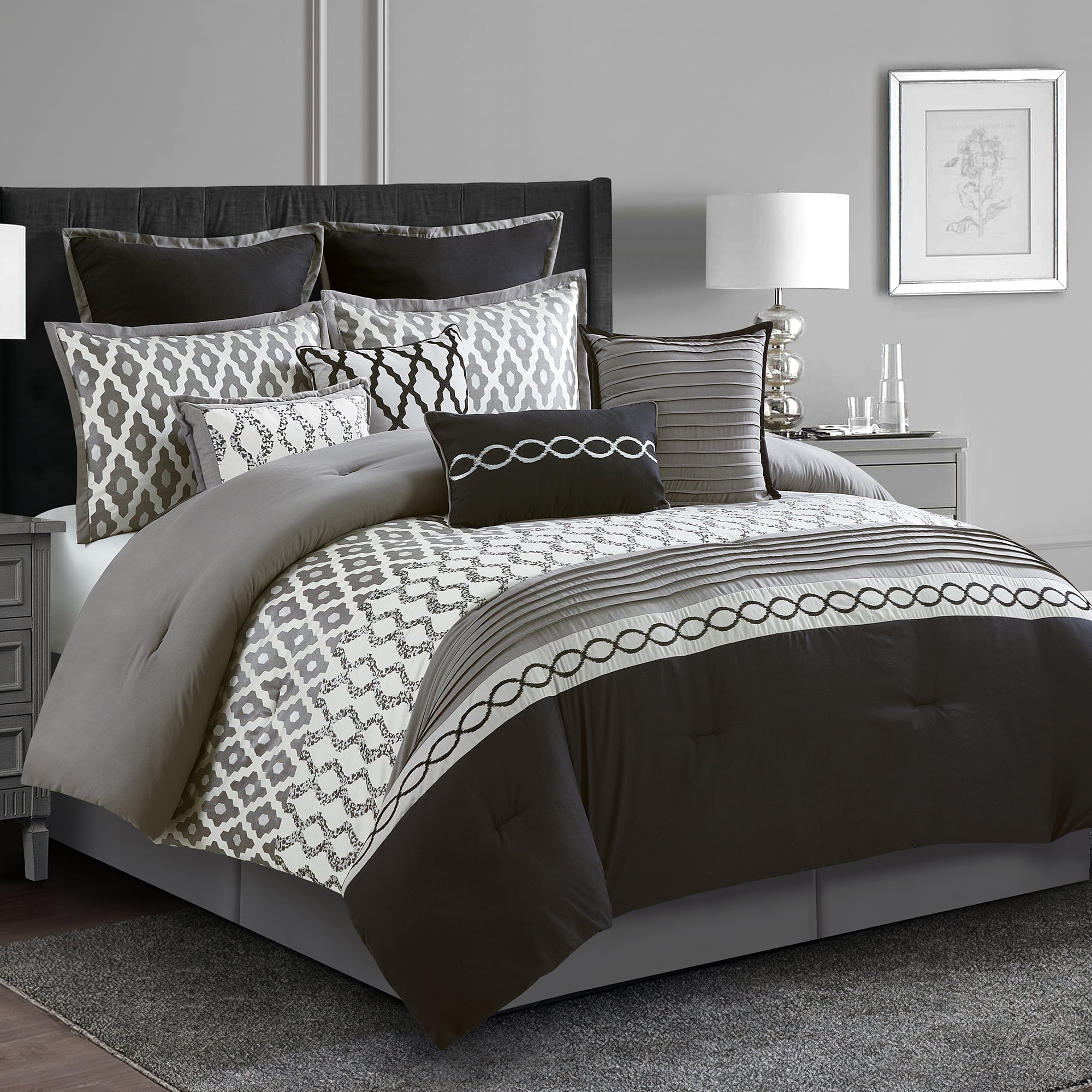 Lanco Geometirc California King Black Comforter Set, 10 Piece, Jacquard Bedding Comforters & Sets, Bedskirt, Pillows & Shams, Ultra-Soft