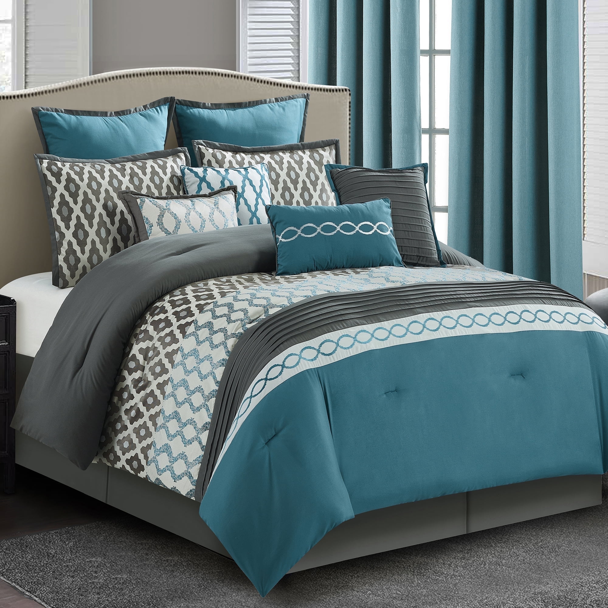 Lanco Geometirc California King Blue Comforter Set, 10 Piece, Jacquard Bedding Comforters & Sets, Bedskirt, Pillows, Euro Shams & Curtains Ultra-Soft