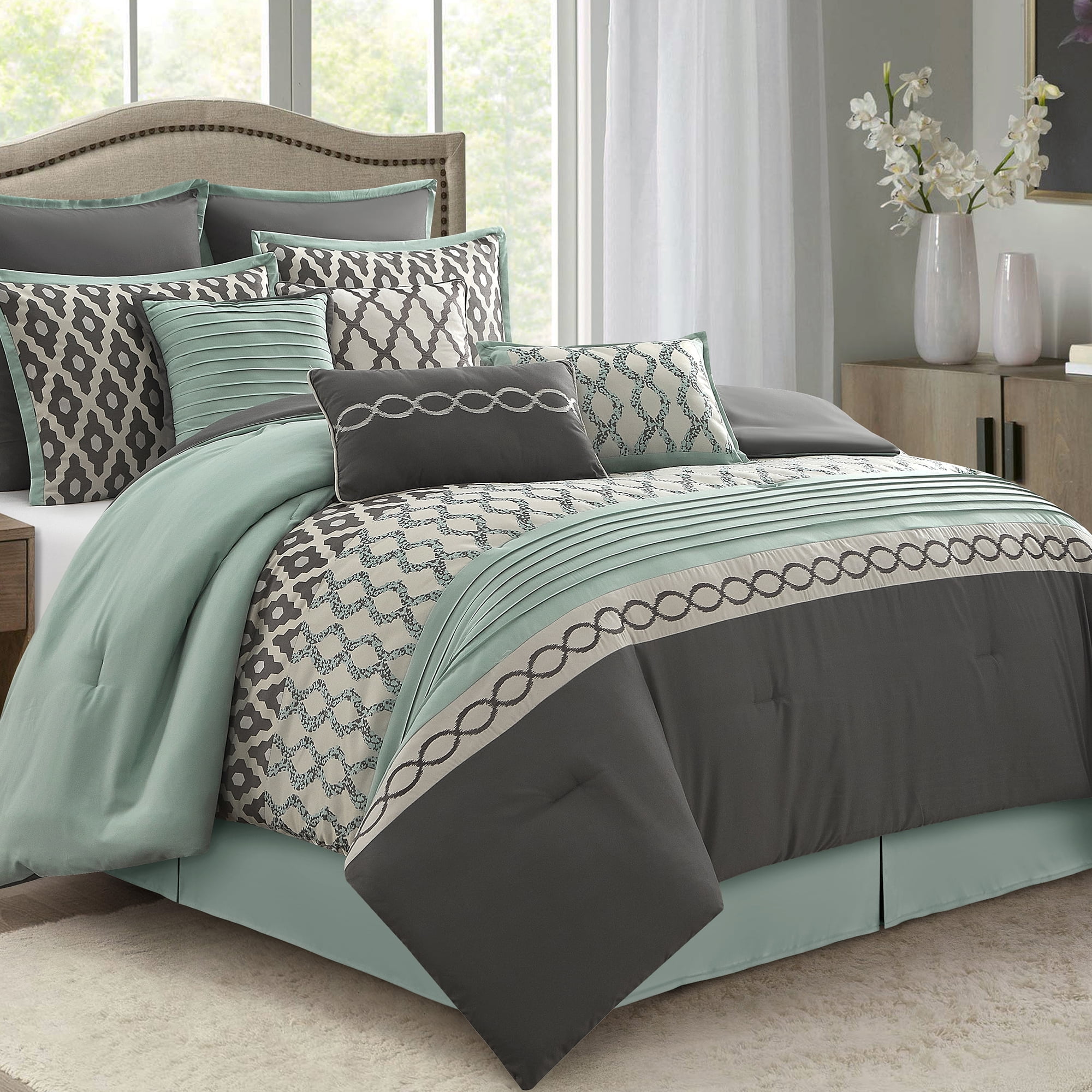 Lanco Geometirc King Blue Grey Comforter Set, 10 Piece, Jacquard Bedding Comforters & Sets, Bedskirt, Pillows & Shams, Ultra-Soft