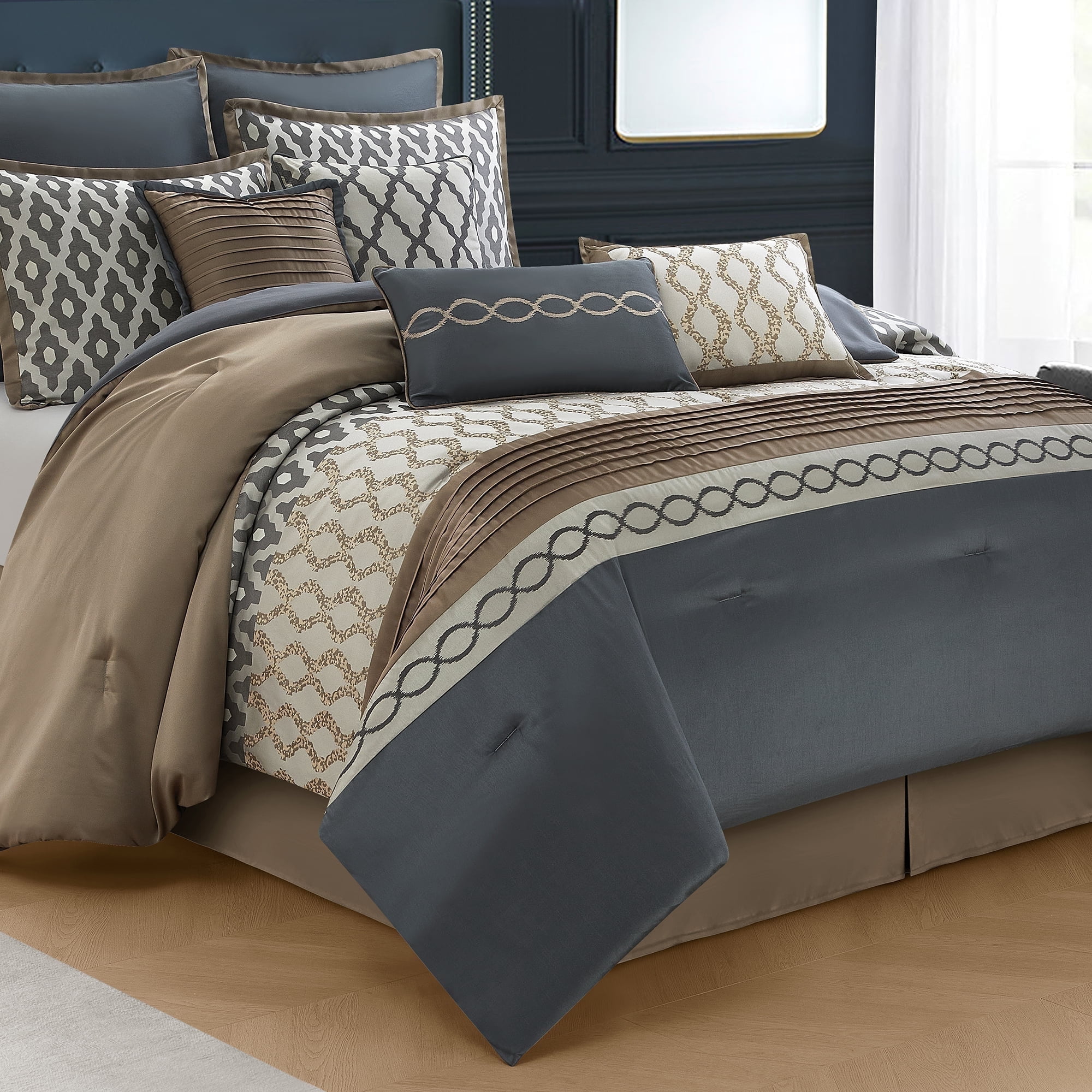 10 Piece Geometric Comforter Set - Taupe/Grey - King