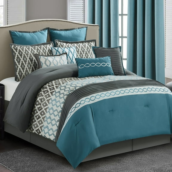 Lanco Geometirc Queen Blue Comforter Set, 12 Piece, Jacquard Bedding Comforters & Sets, Bedskirt, Pillows, Euro Shams & Curtains, Ultra-Soft