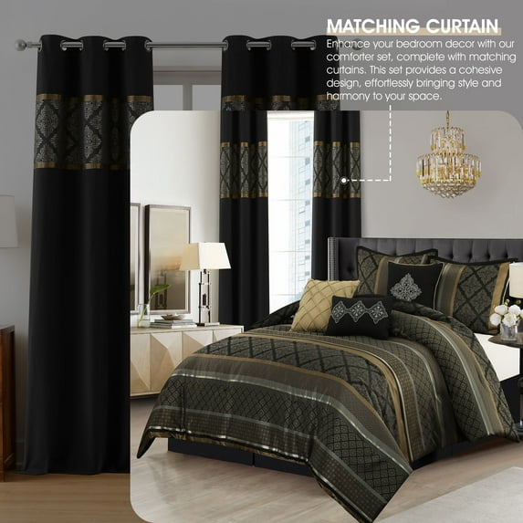 Lanco Geometric Black and Gold Comforter Set California King Size, 9 Piece Jacquard Bedding Set, Ultra-Soft, Matching Shams, Bedskirt, Decorative Pillows , Curtains