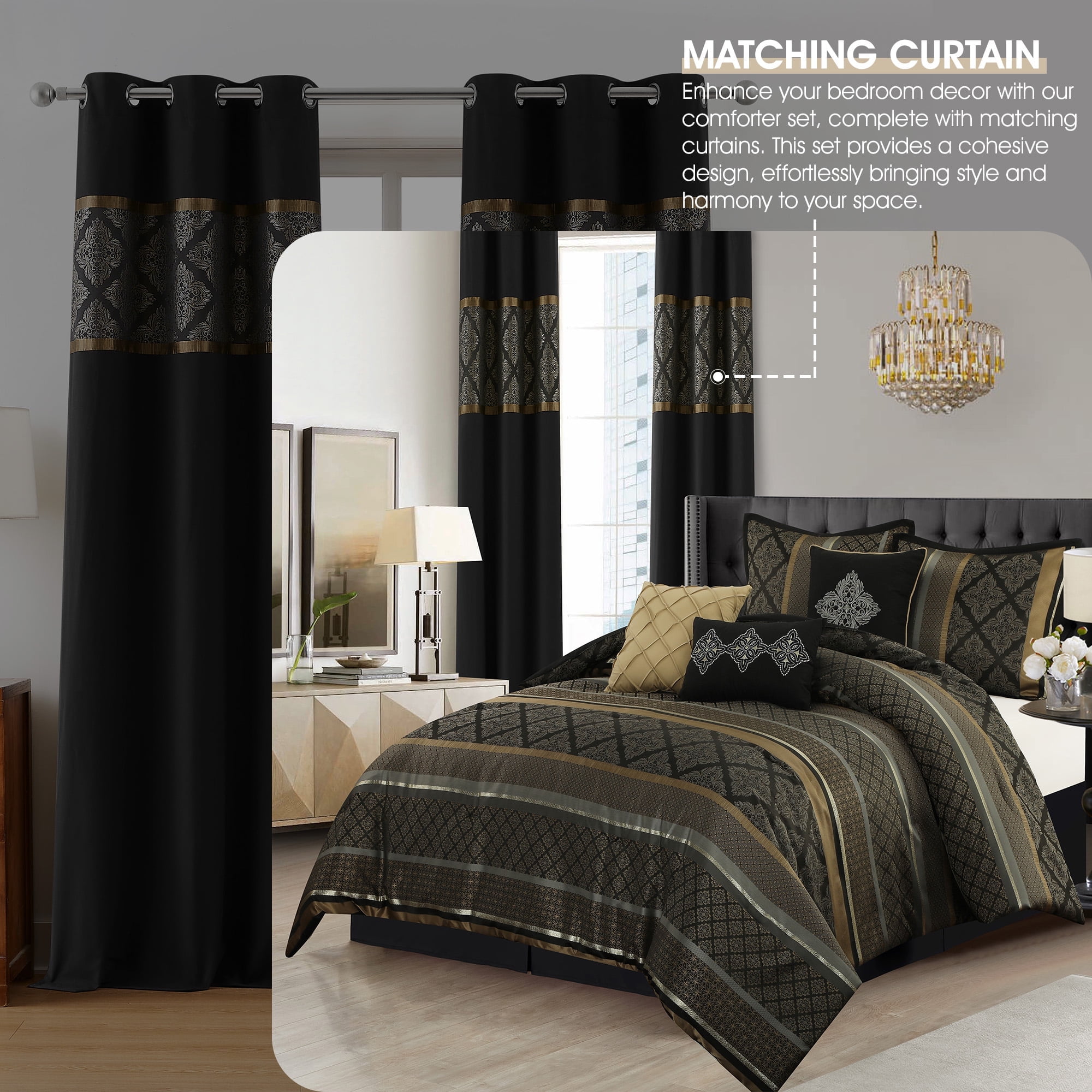 Lanco Geometric Black and Gold Comforter Set King Size, 9 Piece ...