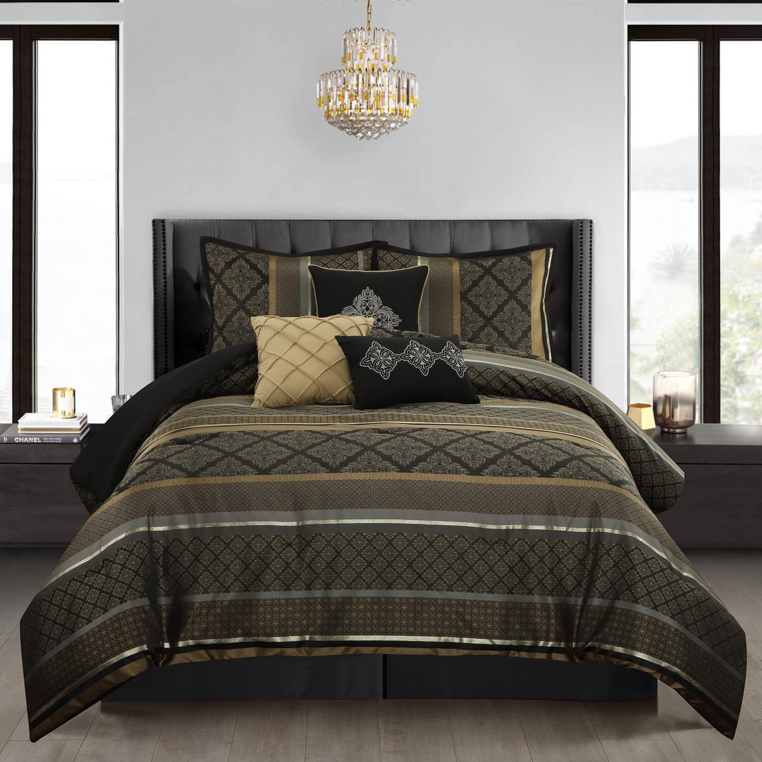 Lanco Geometric Black and Gold Comforter Set King Size , 7 Piece