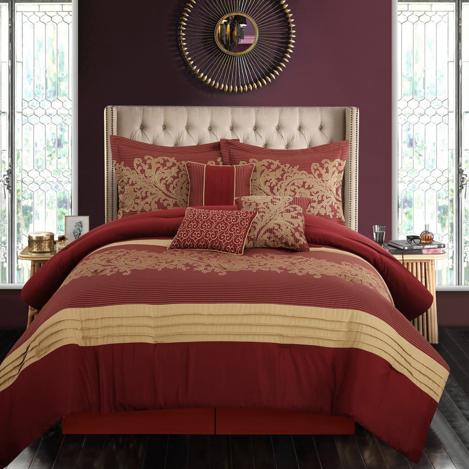 Lanco Geometric Red and Gold Comforter Set King Size , 7 Piece Jacquard