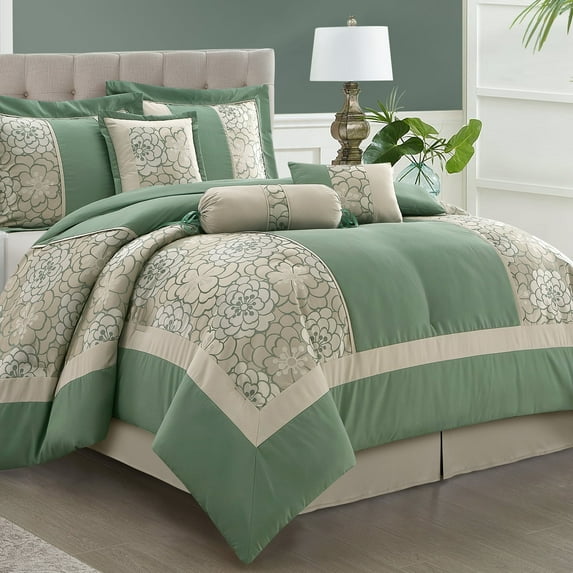 Lanco Green Comforter Set Queen Size, 7 Piece Jacquard Soft Bedding Set, All Season, Bedskirt, Pillows & Shams