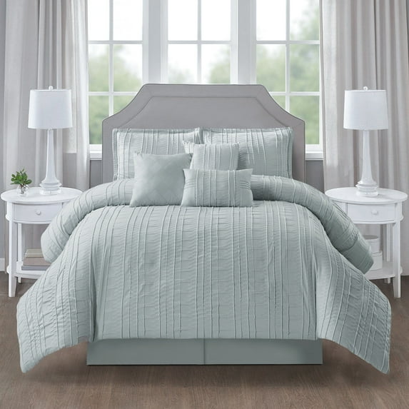 Lanco Grey Clip Jacquard Comforter Set Queen Size, 7 Piece Striped Bedding Set, All Season Home Decor, Matching Pillow Shams, Bedskirt, Decorative Pillows